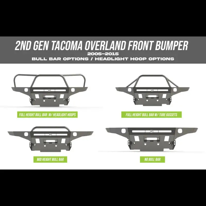 Diagram of 2nd Gen Tacoma Overland front bumper options, including full-height bull bar, mid-height bull bar, and no bull bar configurations.
