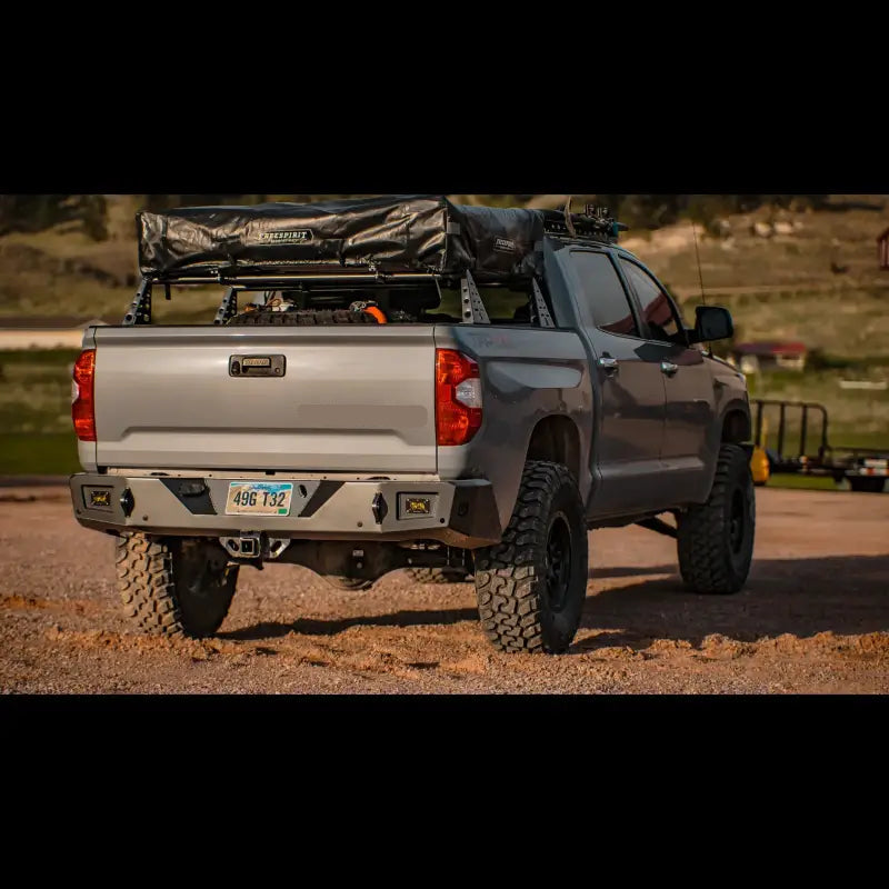 Tundra Overland Rear Bumper on 2nd Gen truck, featuring rugged steel design, D-ring mounts, and backup sensor compatibility.