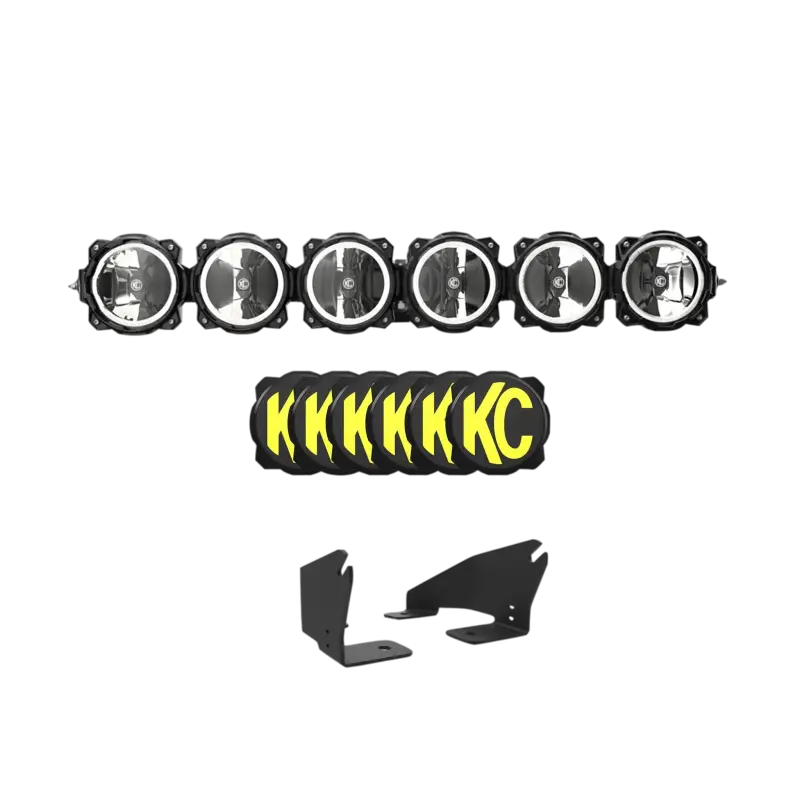 Polaris RZR Pro R Light Bar Kit featuring a 39-inch Pro6 Gravity LED Light Bar with 6 lights, KC logo covers, and mounting brackets.