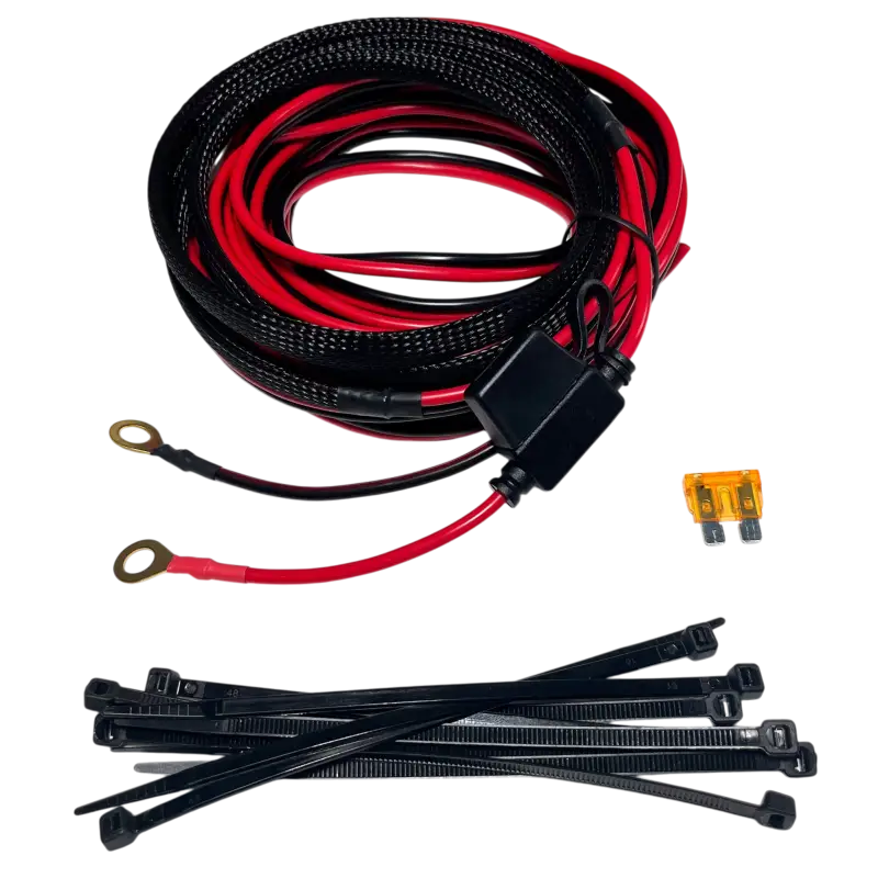 Wiring harness with fuse and zip ties in Power Supply Kit for reliable power supply