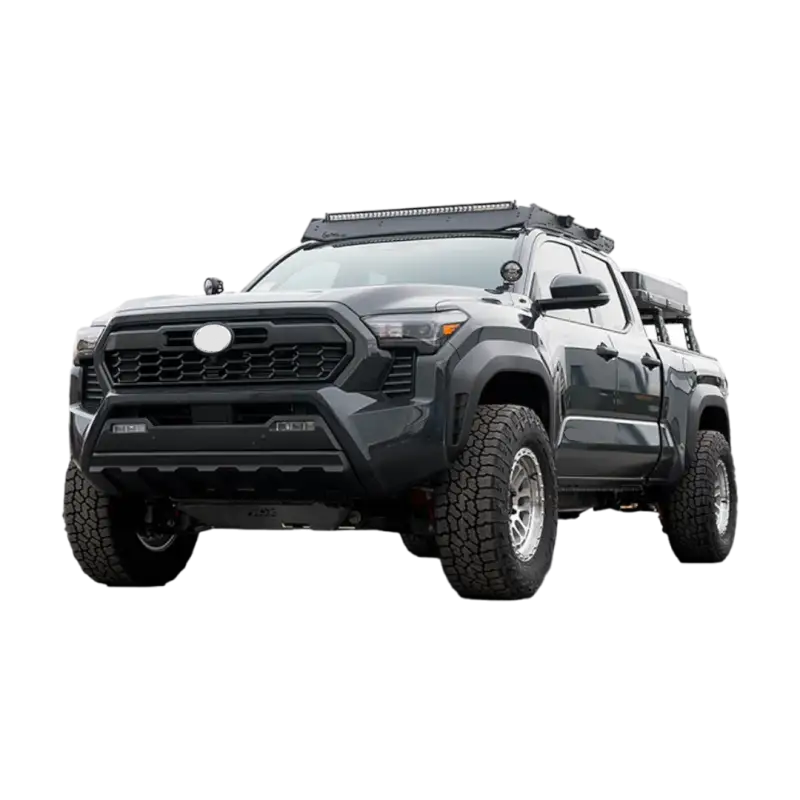 Gray 2024 Toyota Tacoma fitted with Prinsu Pro Cab Roof Rack showcasing its rugged design, enhanced strength, and compatibility with off-road accessories.