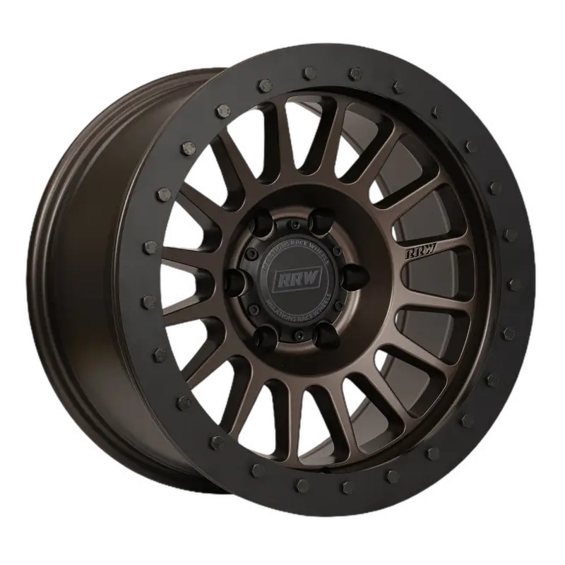 Angled view of a hybrid wheel featuring a black protection ring and gold bolts, designed for enhanced safety and style.