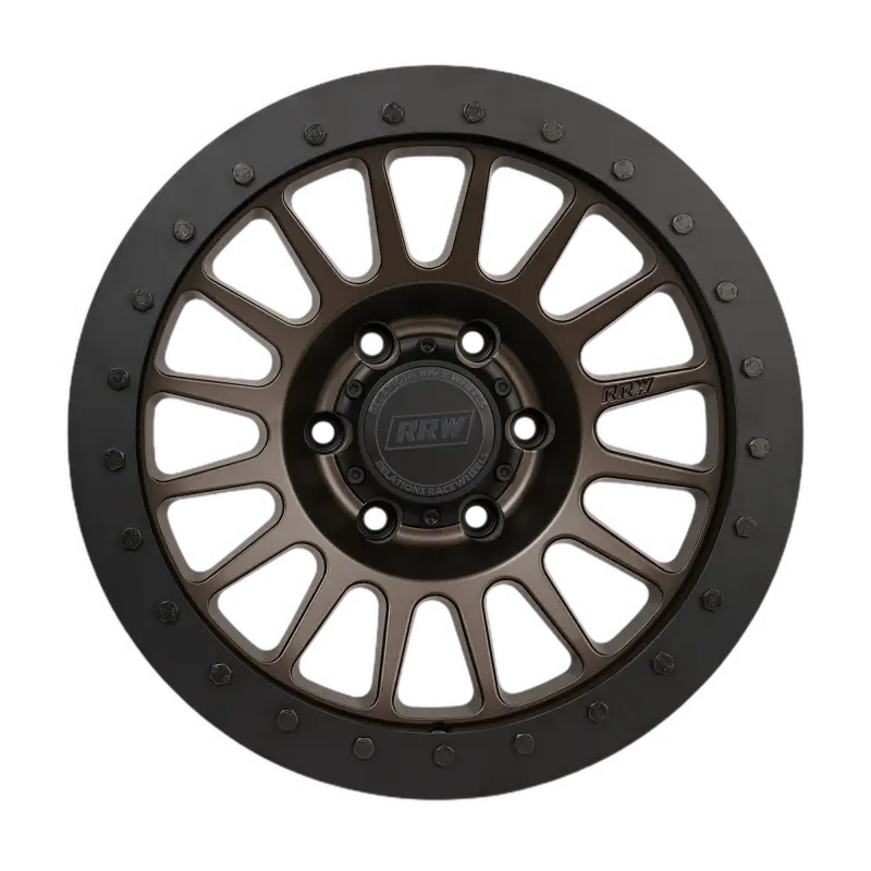 Top-down view of a hybrid wheel with a black protection ring and gold bolts, showcasing its precision-engineered design.