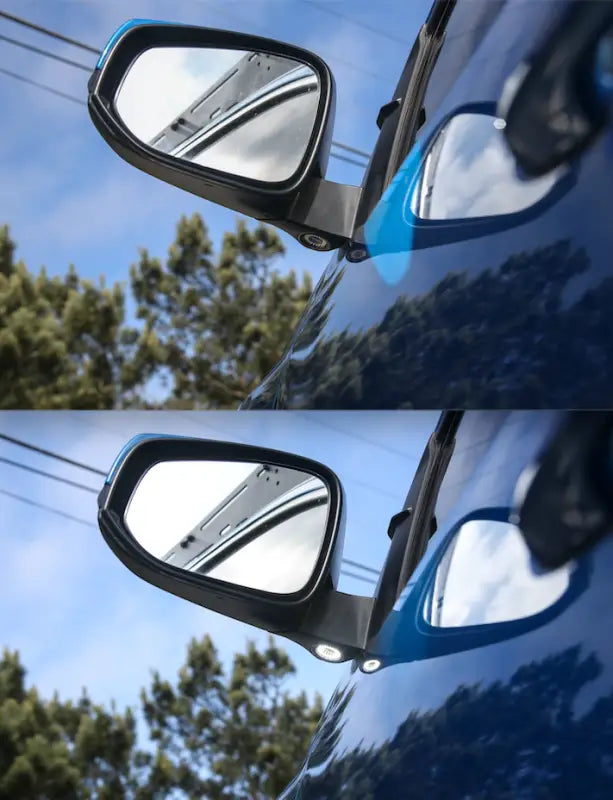 Day and night comparison of Tacoma side mirror with Puddle Pods LED light, showing bright illumination.