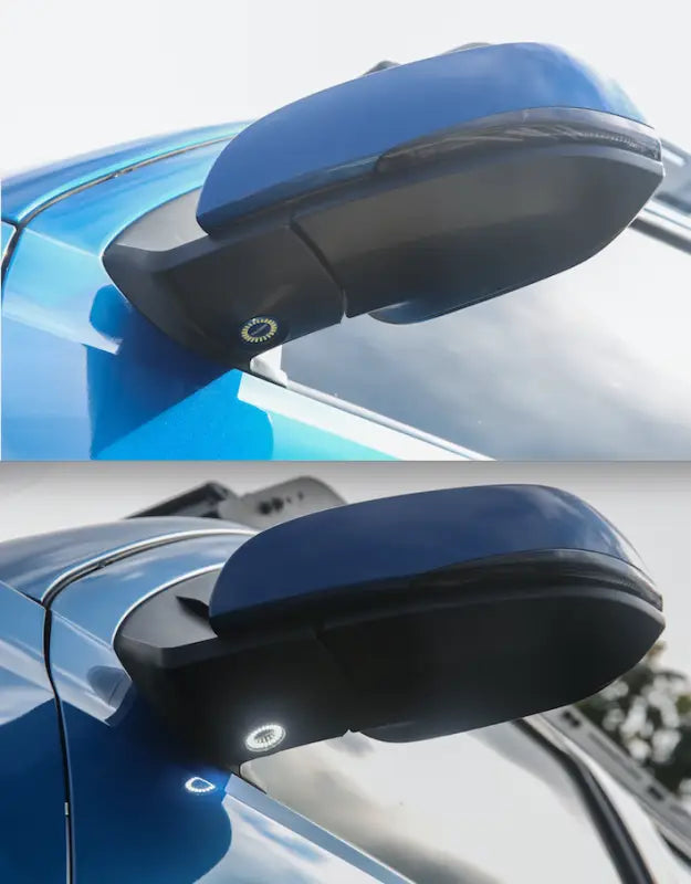 Comparison of Tacoma side mirror with and without Puddle Pods LED light, emphasizing enhanced visibility.