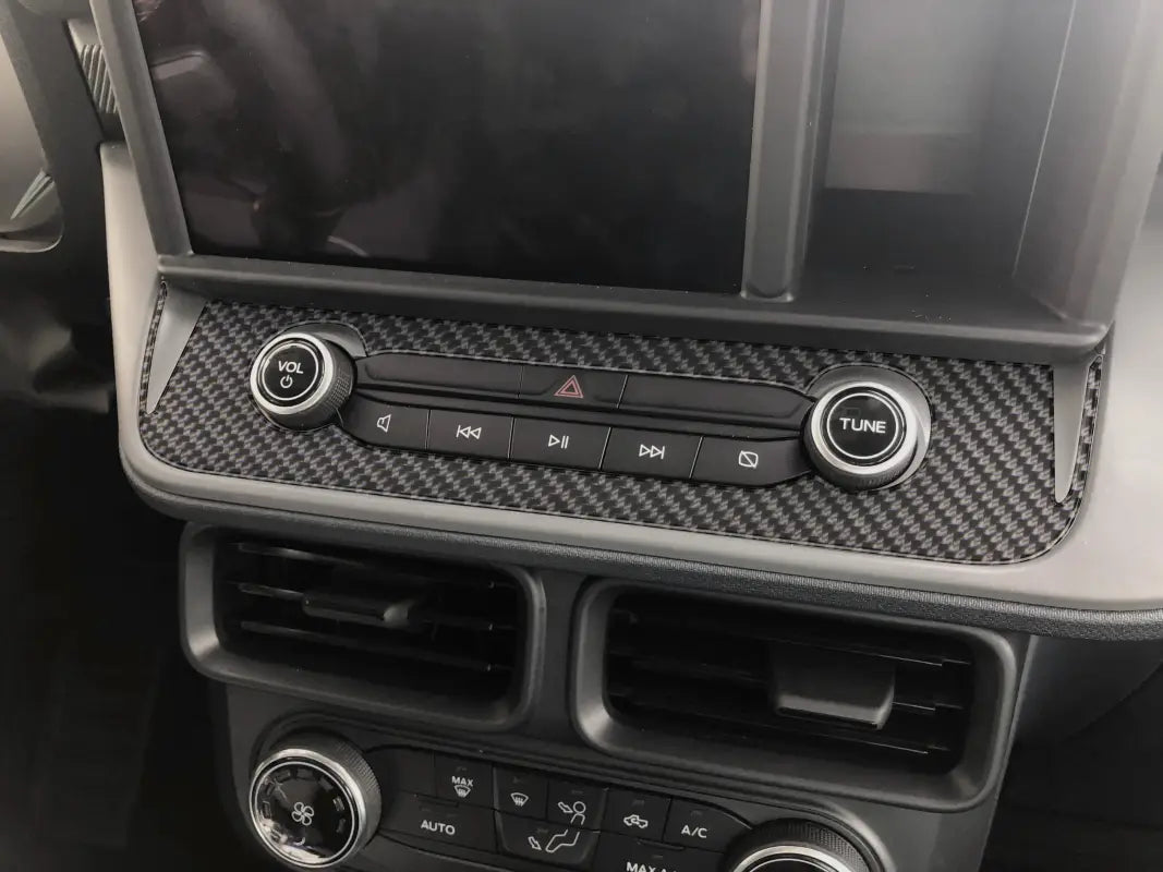 Car’s carbon fiber dashboard with radio control accent overlay for Ford Maverick 2022-2024