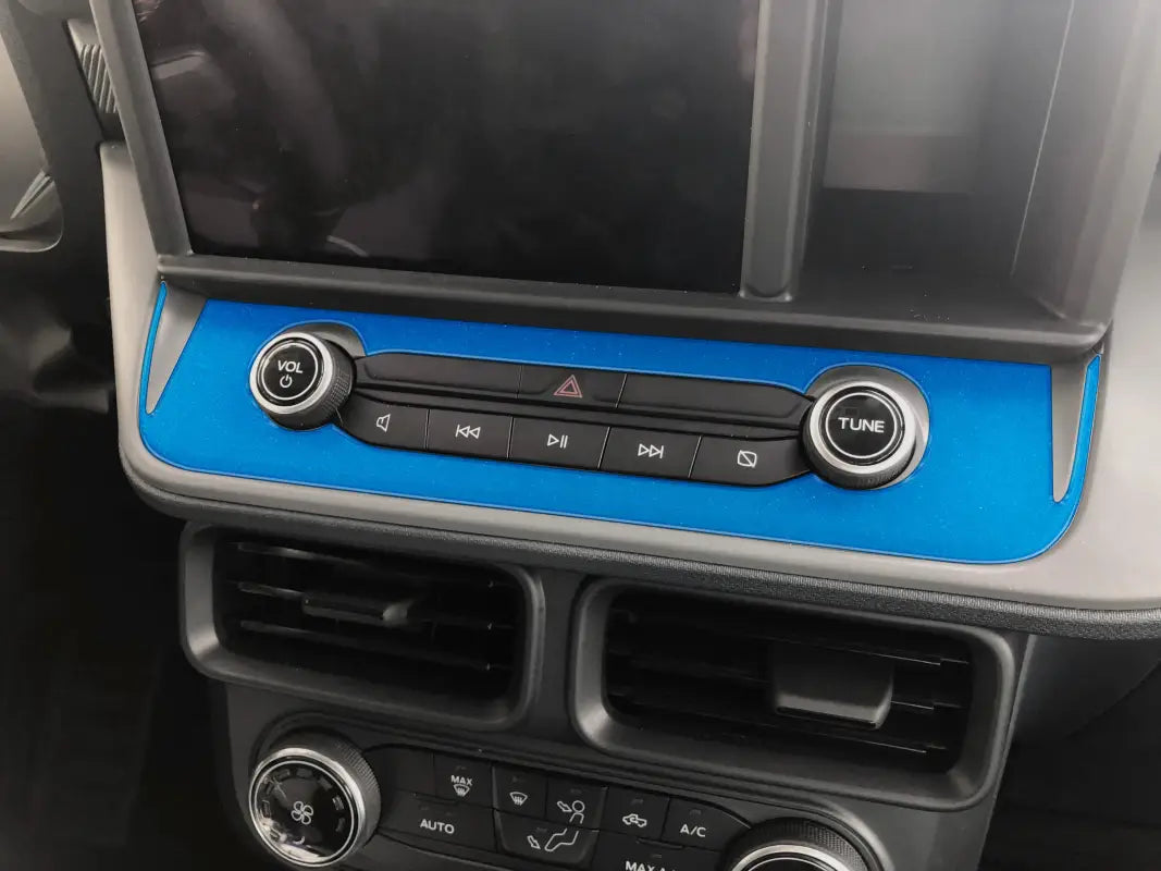 Car dashboard with blue trim radio control accent overlay for Ford Maverick 2022-2024