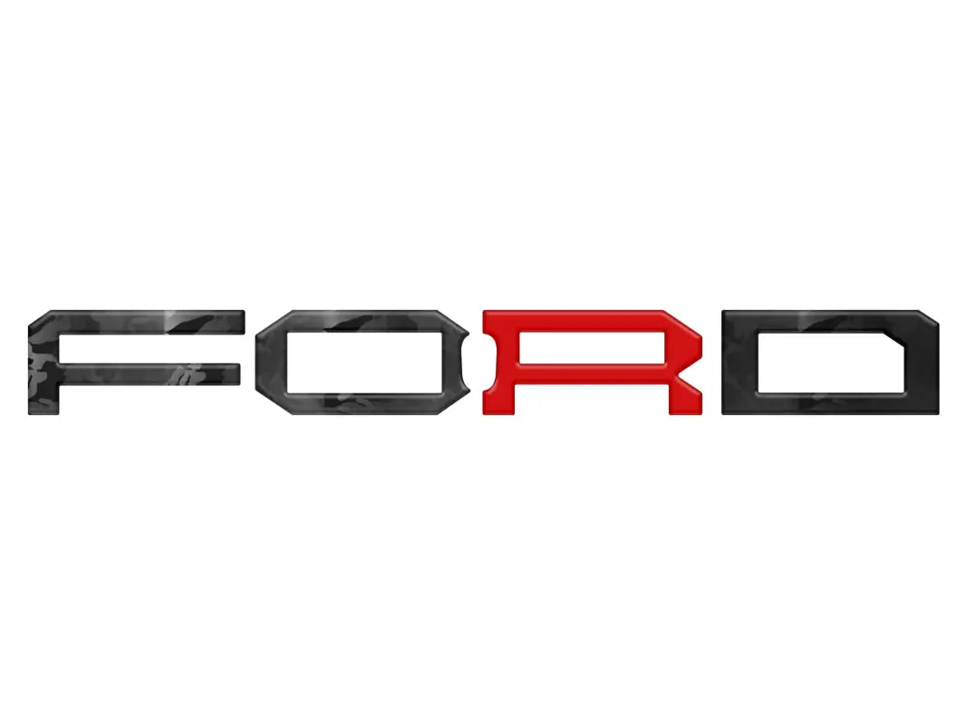 Ford Bronco grille letter overlays with camouflage and red accents for stylish customization