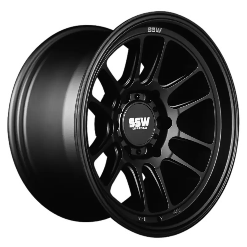 Side profile of RAPTOR matte black wheel by SSW, 17x9.0 -12 size, showcasing its deep lip and robust construction for off-road performance.