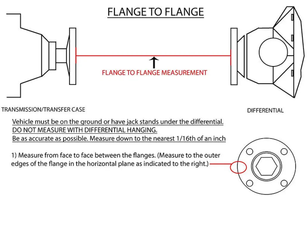 Flange measurement diagram for Rear Driveshaft HD 1350 Series with custom length and differential flanges