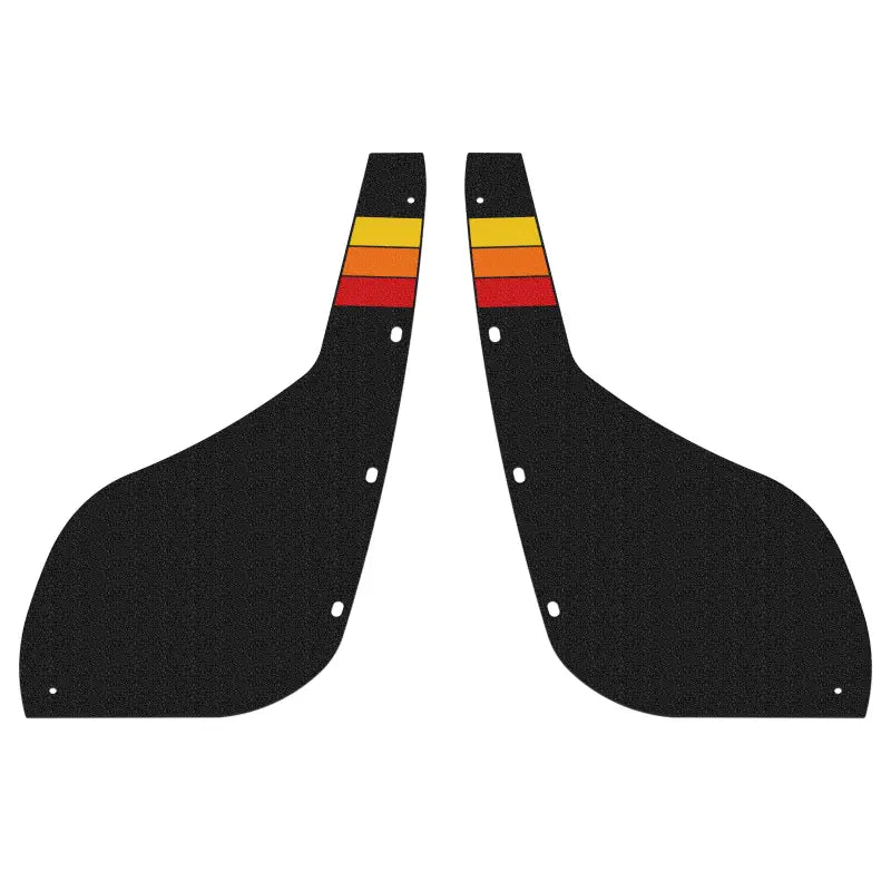 Pair of rear mud flap delete panels for 2010-2024 Toyota 4Runner, black with red, yellow, and orange stripe design.