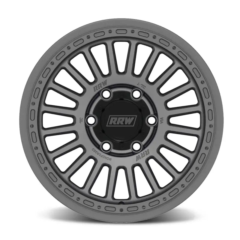 Gray off-road wheel from the RG6-H Hybrid MonoForged Series with embossed ABS and circular accents