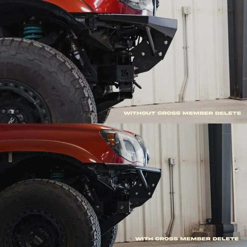 Side-by-side comparison of Tacoma Rock Runner bumper installation with and without cross member delete for 2005-2015 models.