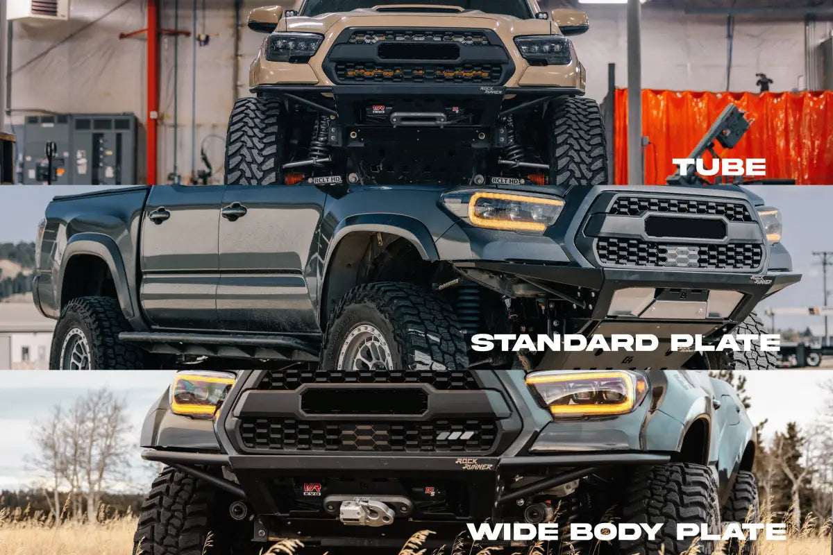 Tacoma Rock Runner Front Bumper options: tube, standard plate, and wide body plate, showcasing versatility and rugged design.