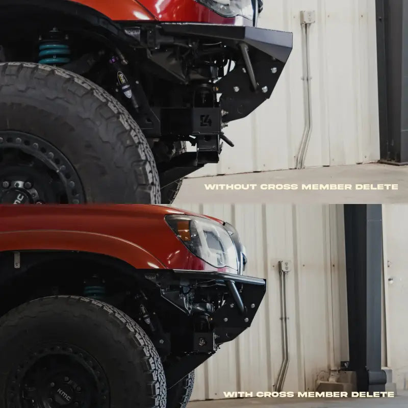 Comparison of Tacoma skid plate with and without cross member delete. High-clearance design enhances off-road performance and engine protection.