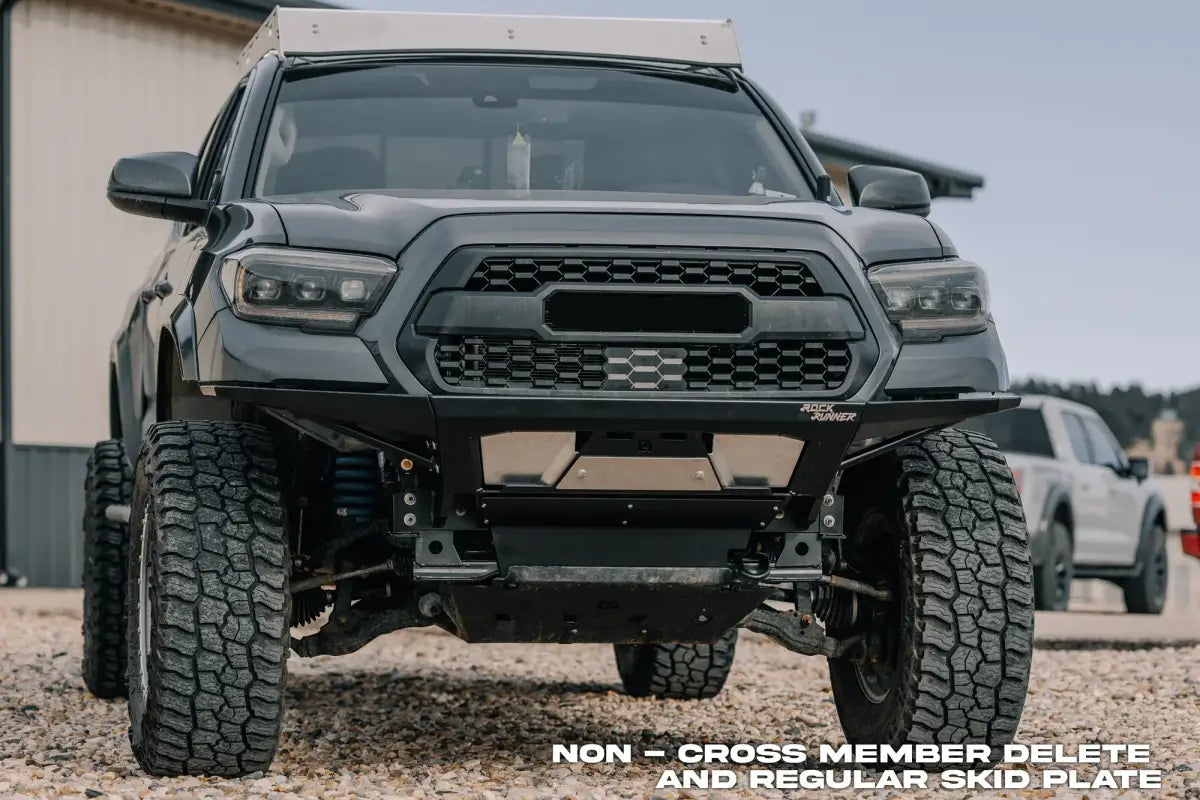 Front view of a 2016+ Tacoma with and without cross member delete, featuring the Rock Runner skid plate for enhanced engine protection.