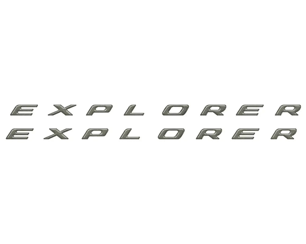Metallic EXPLORER rocker panel letter inserts displayed in two rows for Ford Explorer