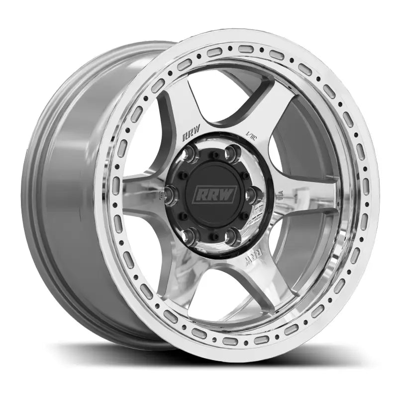 Polished six-spoke wheel from RR2-H Flow Form 17x8.5 Hybrid Beadlock enhances braking performance