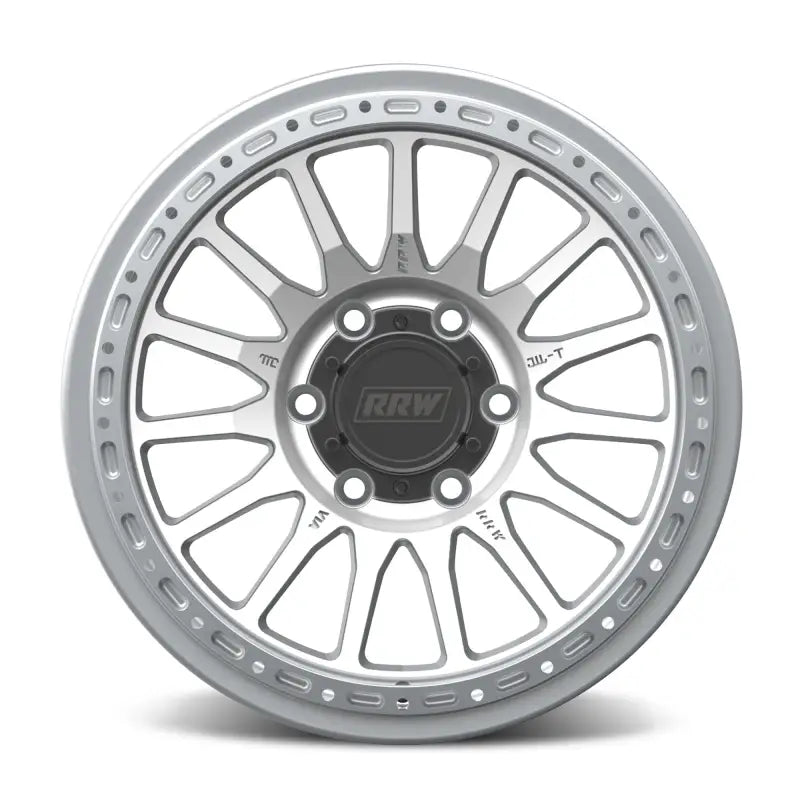 Silver alloy car wheel from RR7-H FLOW FORM Hybrid Beadlock Wheel for enhanced braking performance