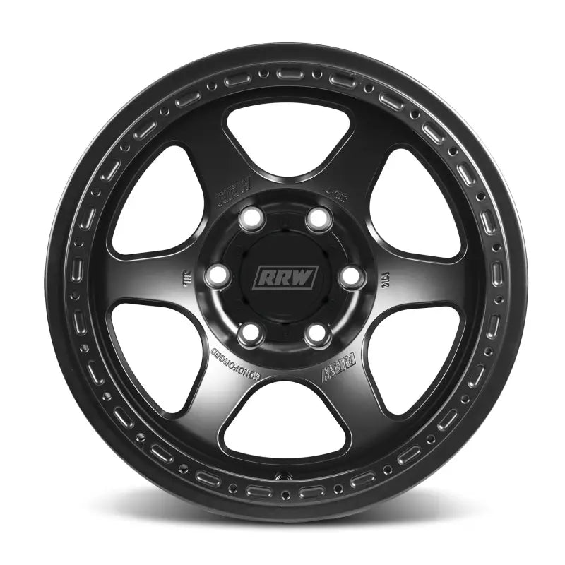 Black six-spoke off-road wheel from RS2-H Hybrid MonoForged Series with center caps and lug nuts
