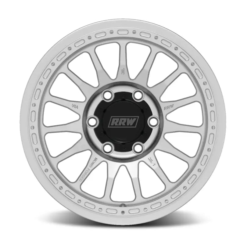 Silver alloy wheel from RS7-H Hybrid MonoForged Series with black center cap and lug nuts