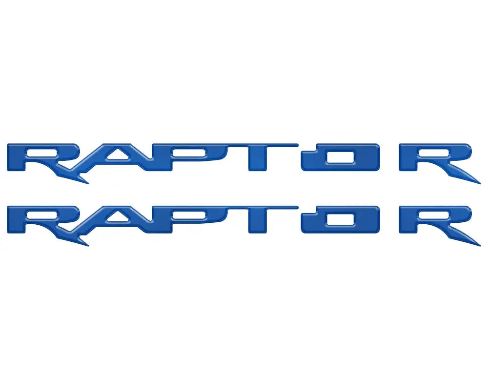 Two blue RAPTOR emblem overlays for running board emblems on Ford Raptor trucks