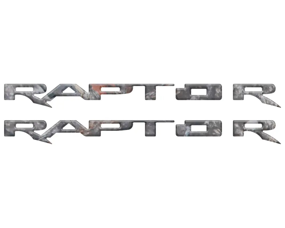 Two sets of Raptor running board emblem overlays for Ford Raptor models 2017-2025
