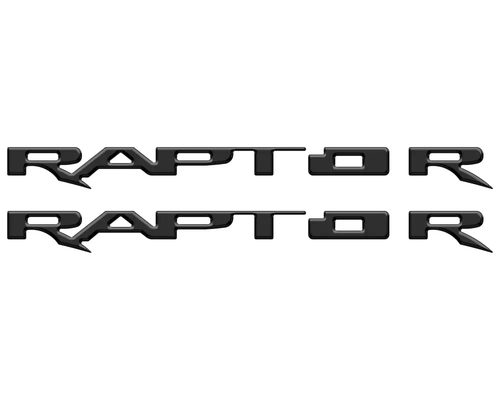 Two black RAPTOR emblem overlays for running board emblems on Ford Raptor vehicles