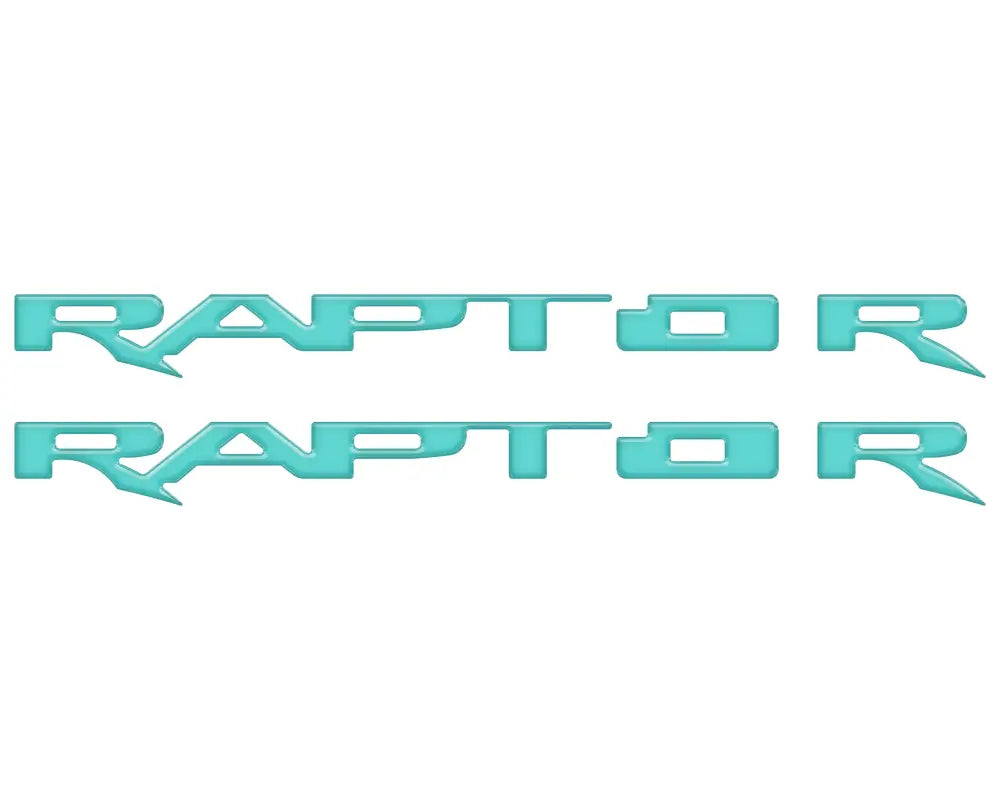 Two turquoise RAPTOR emblem overlays for running board emblems on Ford Raptor
