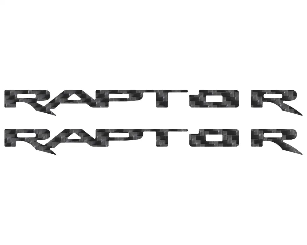 Two carbon fiber RAPTOR emblem overlays for running board emblems on Ford Raptor