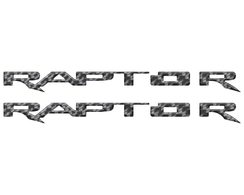 Carbon fiber RAPTOR decals for running board emblem overlays on Ford Raptor 2017-2025