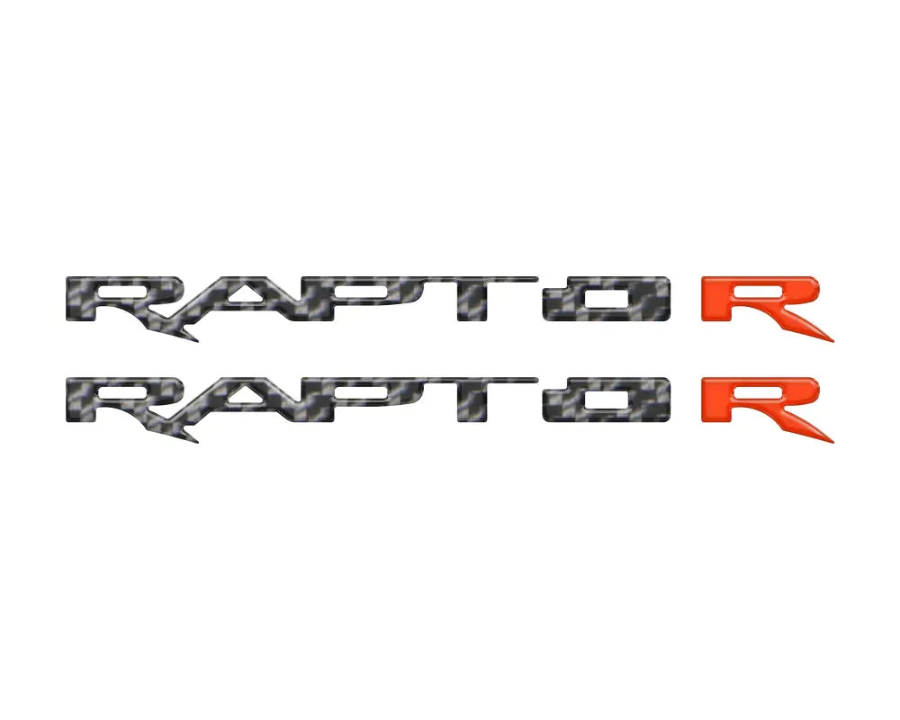 Two Raptor decals for running board emblem overlays on Ford Raptor trucks