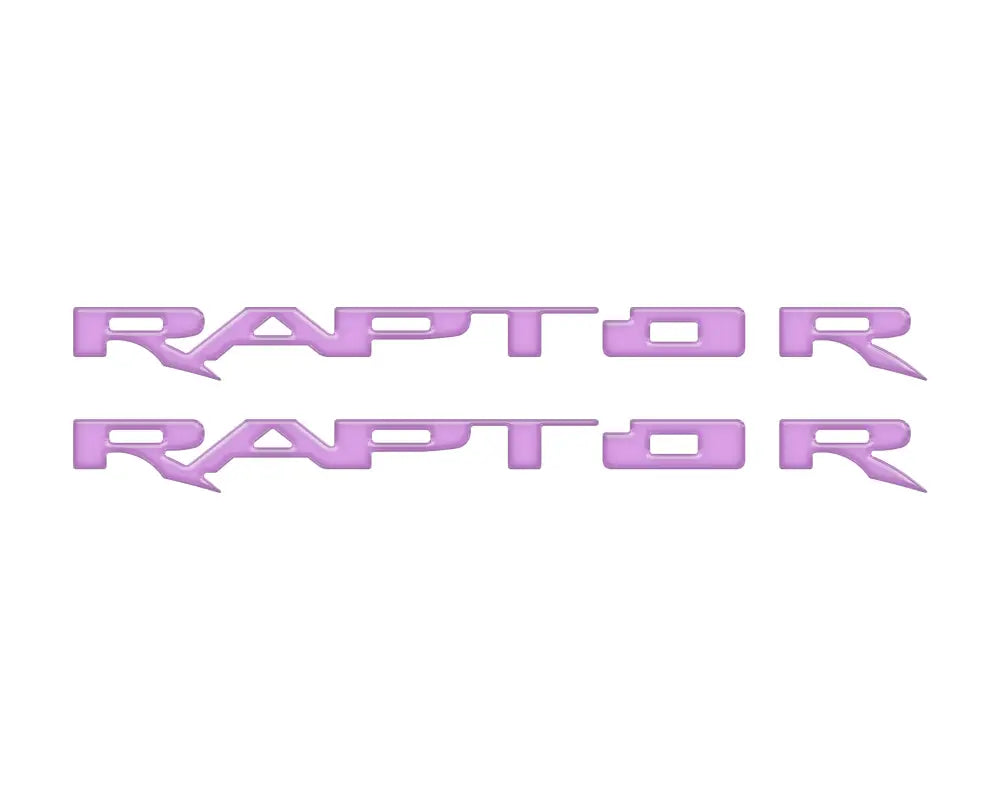 Two purple RAPTOR running board emblem overlays for Ford Raptor running board