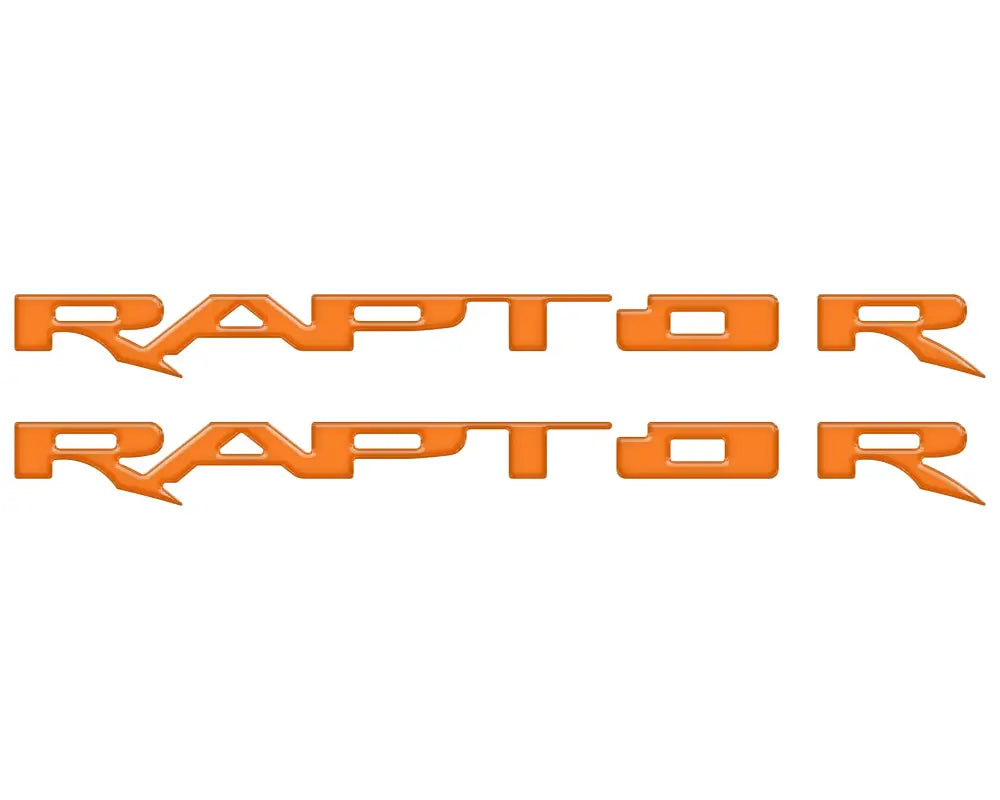 Orange RAPTOR lettering running board emblem overlays for Ford Raptor