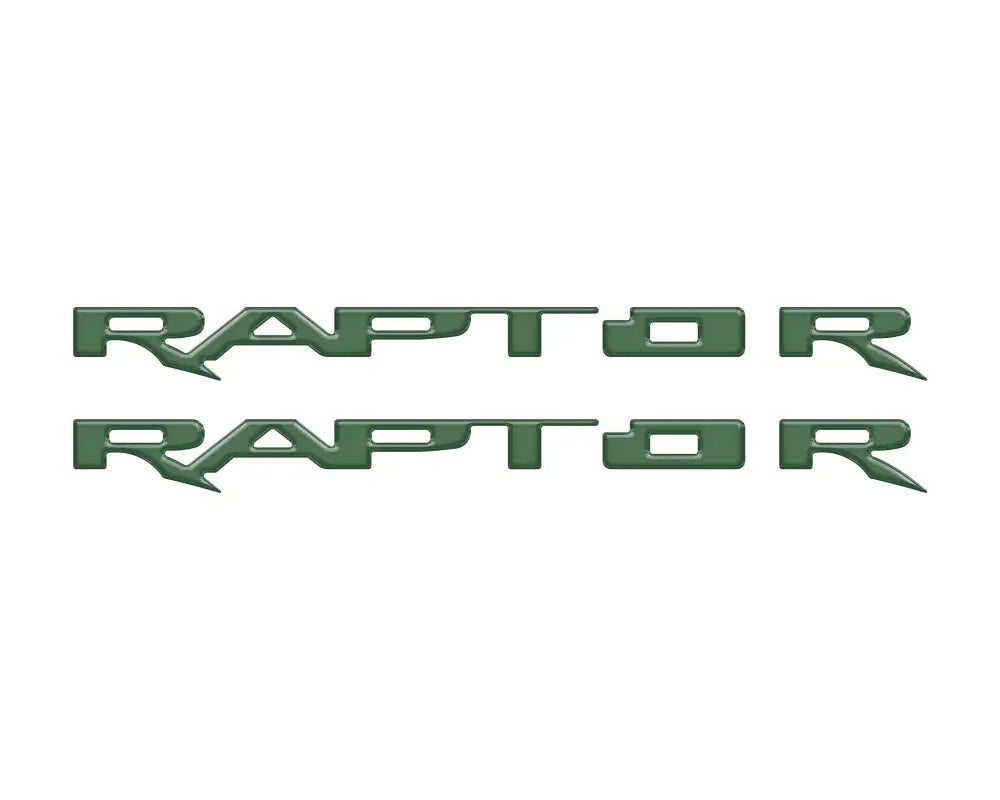 Two green Raptor running board emblem overlays for Ford Raptor running board
