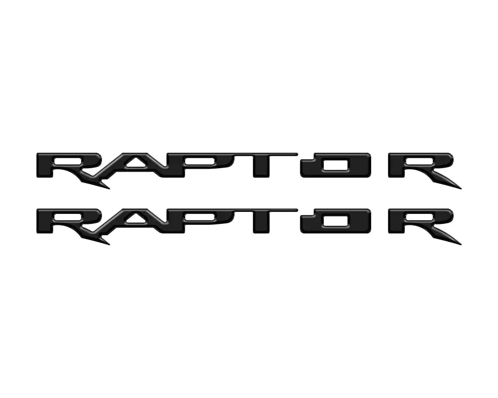 Two black RAPTOR emblem overlays for running board emblems on Ford Raptor vehicles