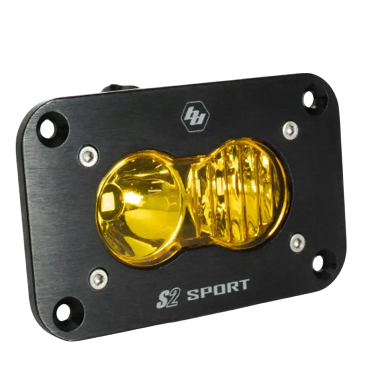 Baja Designs S2 Sport Flush Mount LED Light with black rectangle and yellow lenses for wide driving