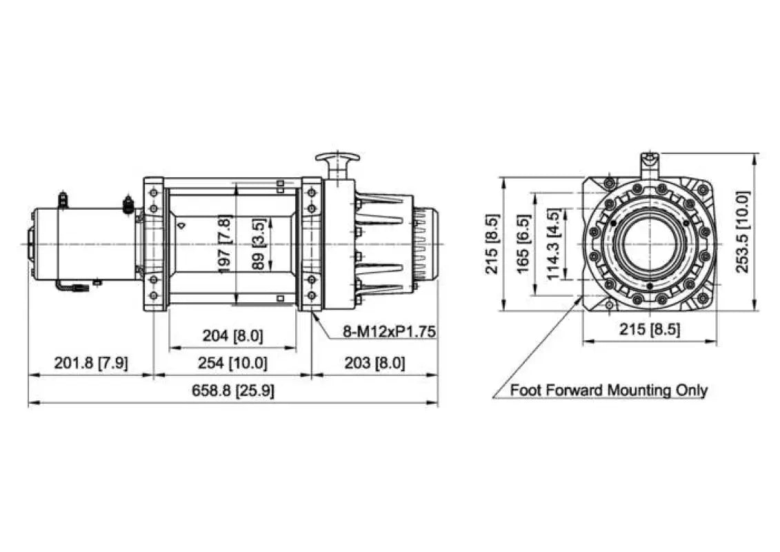 Technical dimensions of SEAL GEN2 16.5, 12V Winch showing detailed measurements for installation and foot forward mounting.