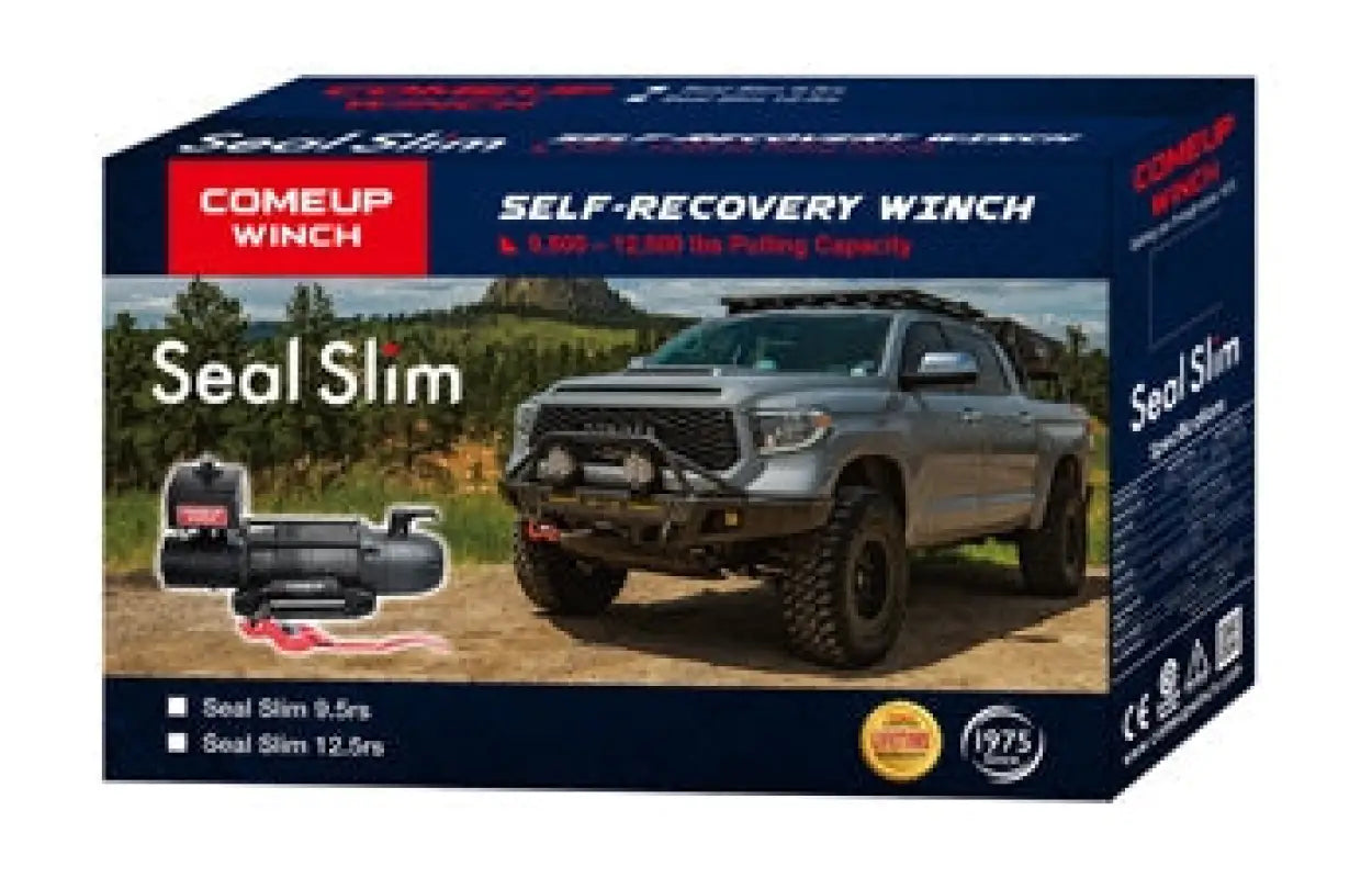 Retail packaging of the SEAL Slim 12.5rs 12V winch featuring product image and off-road vehicle illustration.