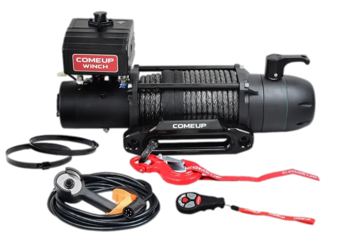 SEAL Slim 12.5rs 12V winch with synthetic rope, wireless remote, and accessories for off-road vehicle recovery.
