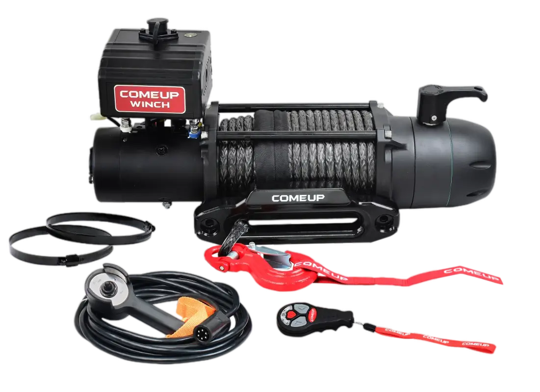 SEAL Slim 9.5rs 12V winch with synthetic rope, wireless remote, and accessories for off-road vehicle recovery.