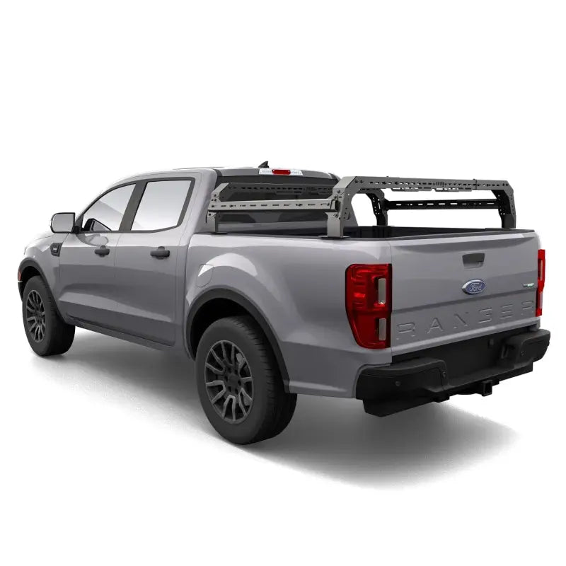 Ford Ranger Shiprock Rack with modular design installed on a gray truck, enhancing cargo capacity for overland gear and accessories.