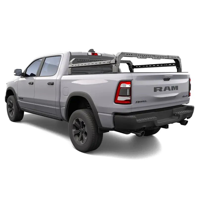 Rear view of RAM 1500 with Shiprock Rack, highlighting its non-drill installation and robust 800 lbs static capacity for outdoor adventures.