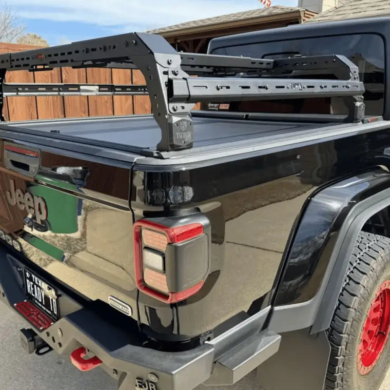 Jeep Gladiator with Shiprock Mid Height Rack installed on TUWA Pro T-slot rails, featuring a rugged bed rack system for cargo and accessories.