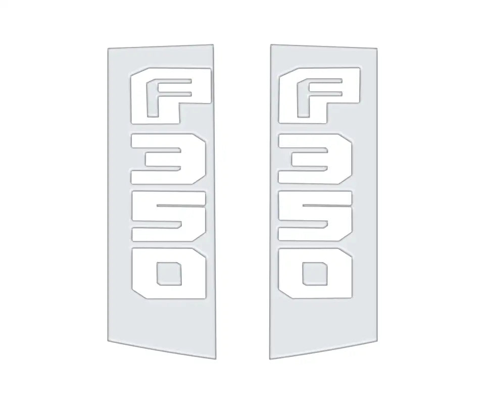 Two F350 decals on Ford Super Duty side emblem accent trim for 2017-2022 models