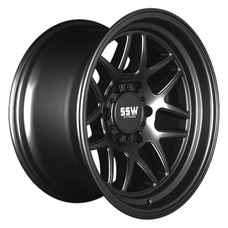 Angled view of SIERRA matte black wheel by SSW, 17x9.0 size with PCD 6x139.7, showcasing its rugged construction and sleek styling.