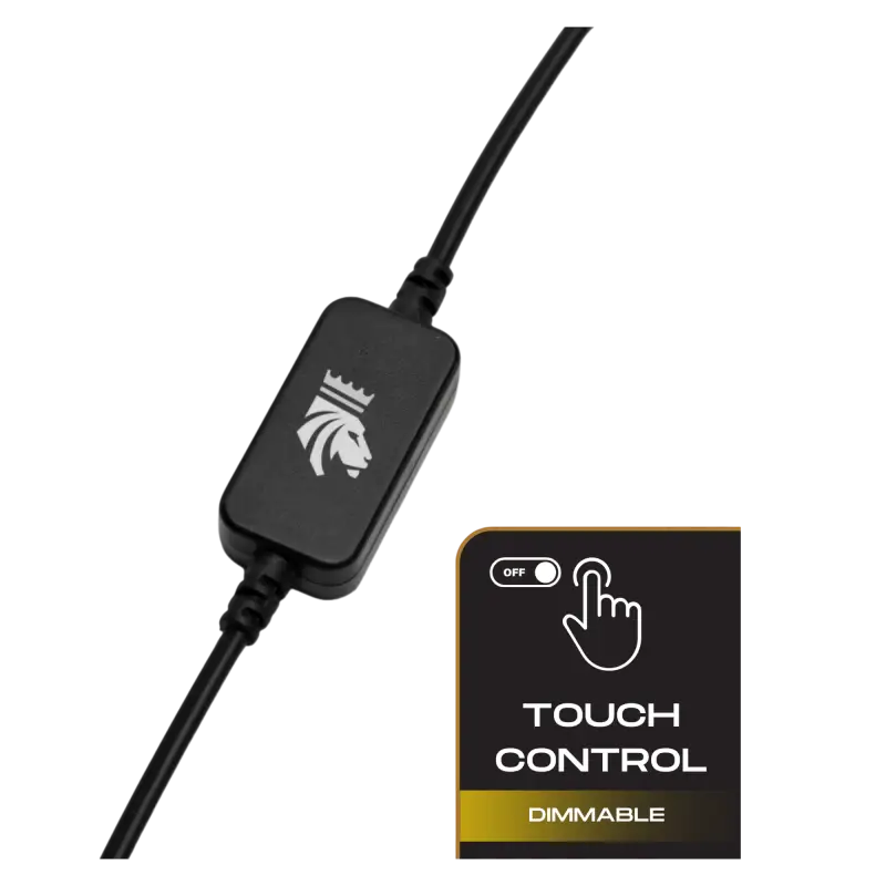 Smart LED dimmer switch with touch control, featuring a sleek black design and a lion logo, ideal for 12V lighting systems.
