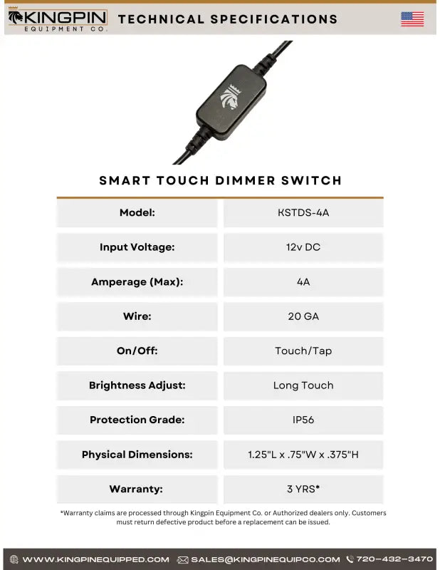 Technical specifications sheet for the Smart Touch LED Dimmer Switch, detailing features like 12V input, IP56 rating, and 3-year warranty.