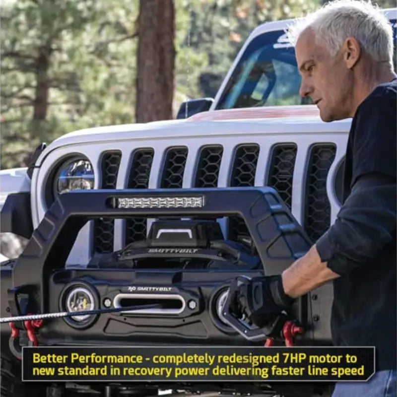 Smittybilt X2O GEN3 winch in action, highlighting its 7HP motor and fast line speed for superior recovery performance.