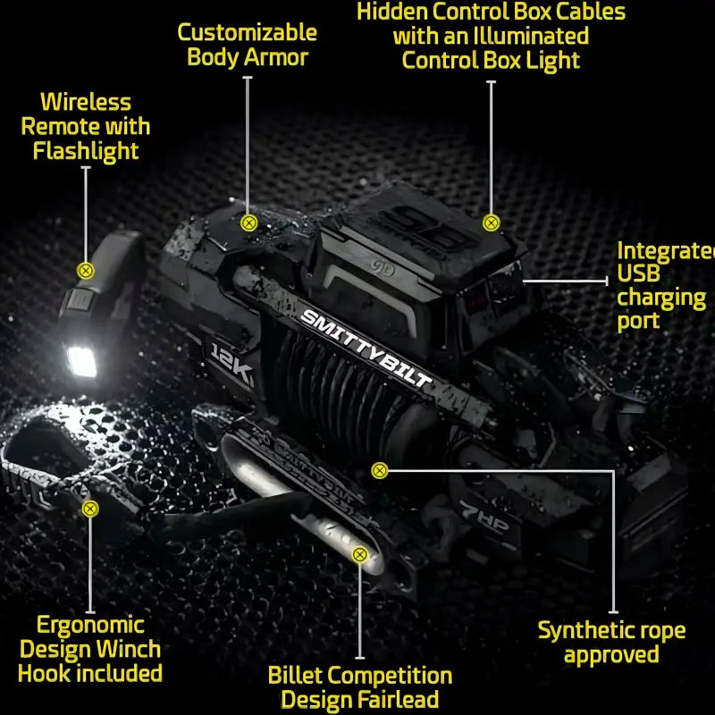 Smittybilt X2O GEN3 winch with synthetic rope, showcasing features like USB charging port, wireless remote, and waterproof design.